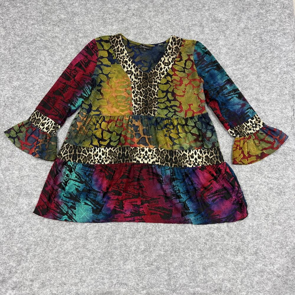 Caleesa Tunic Top Womens L Multicolor Trapeze & Swing Animal Print Ruffles Boho